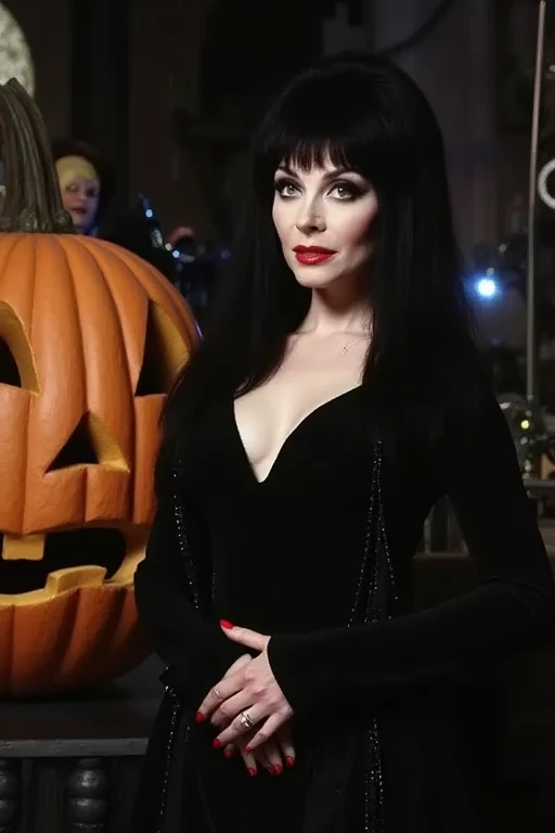 (masterpiece, best quality:1.2), 1girl, solo, vintageElvira, standing next to a huge Halloween Pumpkin dressed in a light fabric black dress with a HUGE cleavage, high-detail