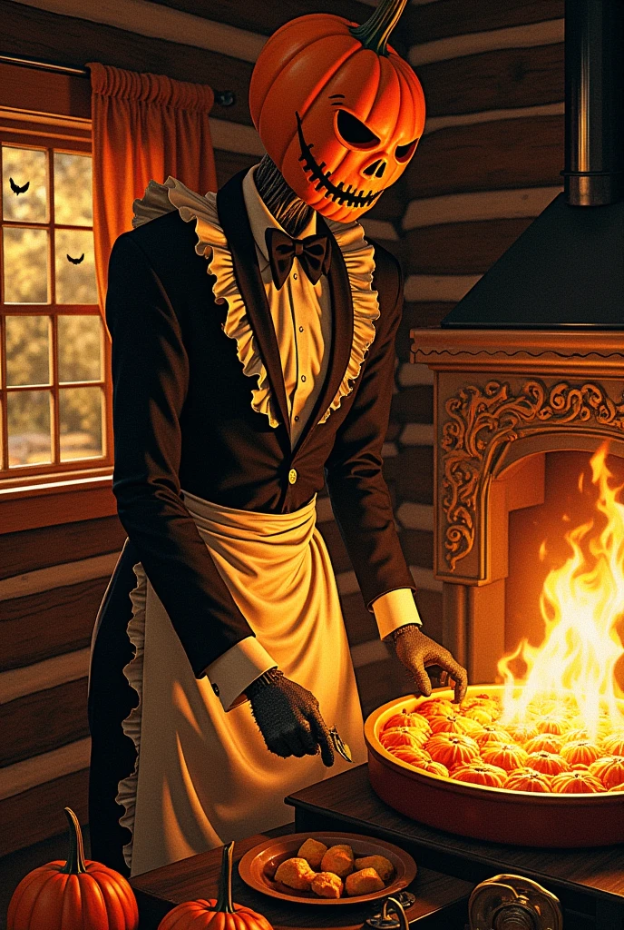  jack o' lantern , Skinny, Black suit, White ruffled apron,  Wearing Mittens on Hands ,  Holding a Gratin Dish ,  Pumpkin Gratin ,  Pumpkins in it, Inside the log house, Homely atmosphere,  bats flying under Tyndall light effect , Burning Kamado 