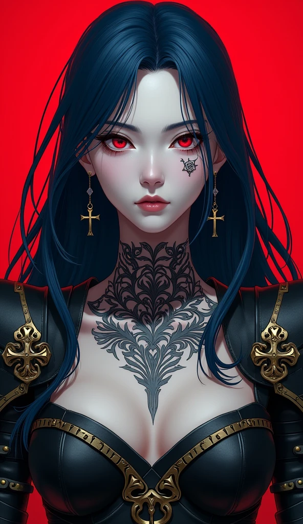 Create an image of a stunningly beautiful gorgeous perfect heavily tattooed goth girl, Stunningly gorgeous perfect face, thin curved black eyebrows, long luscious eyelashes, black eyeliner, black eye shadow,curved lips, thick black lipstick, half shaved long luscious black dutch hair, black lace choker collar, golden ratio body, bdsm lingerie, full body view,