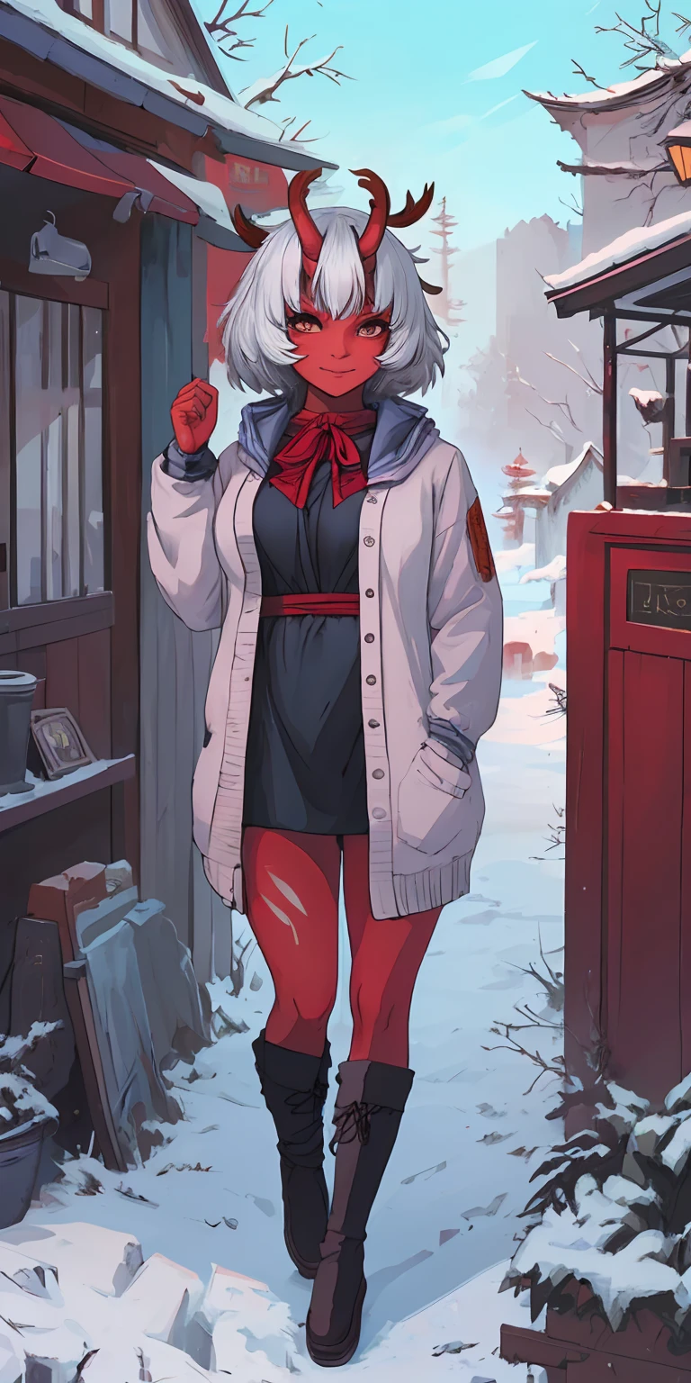 (masterpiece:1.2), best quality, highres, original, (extremely detailed:1.2), ultra-detailed, perfect lighting,(extremely detailed CG:1.2), 8k, anime illustration, 1girl, solo, lustful smirking smile face red cheeks, (winter outfit:1.2), STANDING STRAIGHT SYMMETRICAL LOOKING TO THE CAMERA, (knit cardigan:1.1), (bowknot on cardigan:1.25), knee-length skirt, (Ruffled hemline:1.3), winter boots, {delicate|detailed}clothes, (anatomically correct:1.34), close-up, full-body, looking at viewer, frontal, snowy street, (streetlight:1.17), NO background, unity 4k