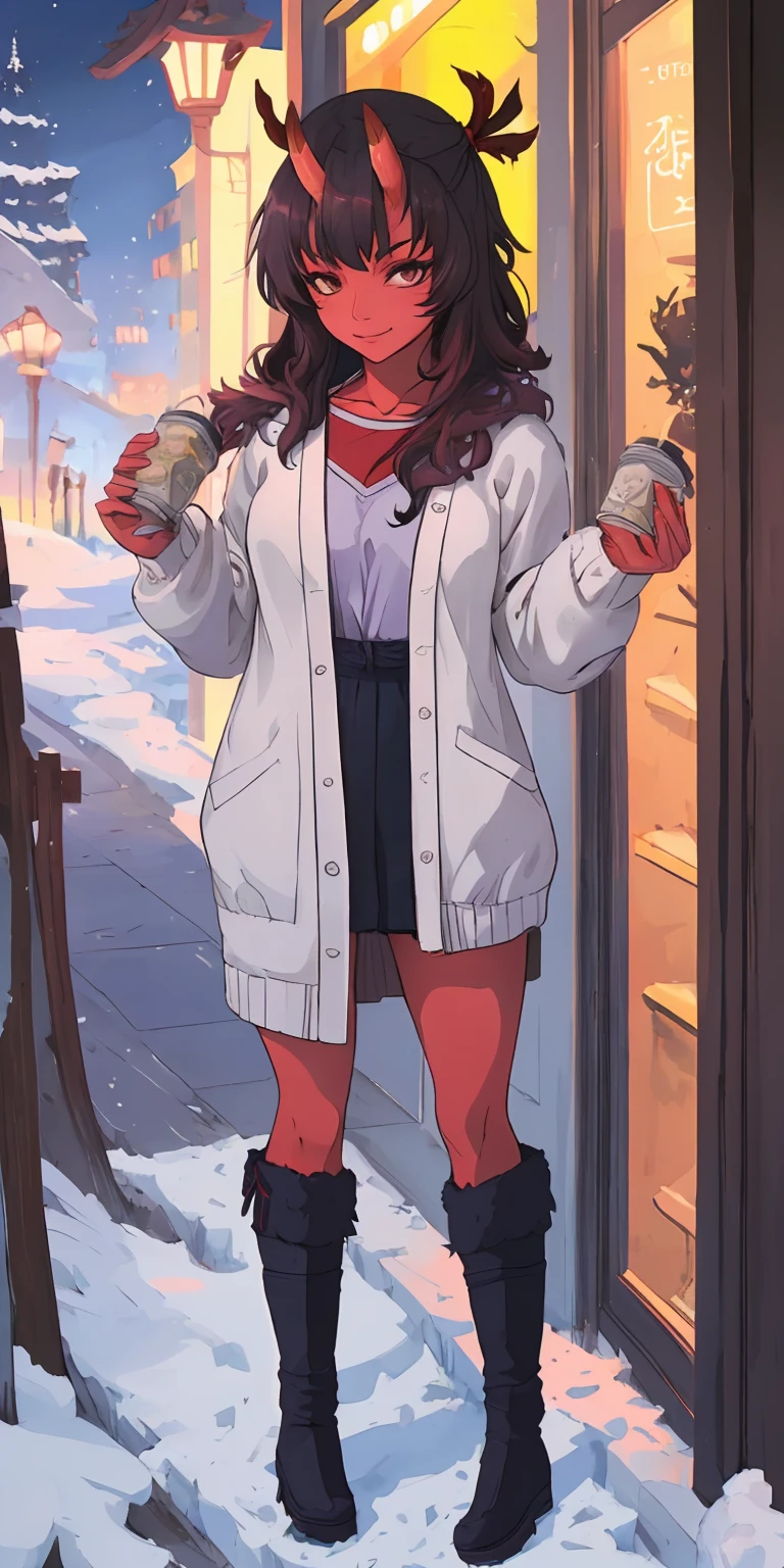 (masterpiece:1.2), best quality, highres, original, (extremely detailed:1.2), ultra-detailed, perfect lighting,(extremely detailed CG:1.2), 8k, anime illustration, 1girl, solo, lustful smirking smile face red cheeks, (winter outfit:1.2), STANDING STRAIGHT SYMMETRICAL LOOKING TO THE CAMERA, (knit cardigan:1.1), (bowknot on cardigan:1.25), knee-length skirt, (Ruffled hemline:1.3), winter boots, {delicate|detailed}clothes, (anatomically correct:1.34), close-up, full-body, looking at viewer, frontal, snowy street, (streetlight:1.17), NO background, unity 4k