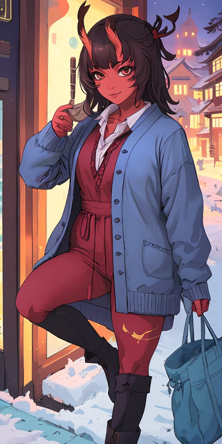 (masterpiece:1.2), best quality, highres, original, (extremely detailed:1.2), ultra-detailed, perfect lighting,(extremely detailed CG:1.2), 8k, anime illustration, 1girl, solo, lustful smirking smile face red cheeks, (winter outfit:1.2), STANDING STRAIGHT SYMMETRICAL LOOKING TO THE CAMERA, (knit cardigan:1.1), (bowknot on cardigan:1.25), knee-length skirt, (Ruffled hemline:1.3), winter boots, {delicate|detailed}clothes, (anatomically correct:1.34), close-up, full-body, looking at viewer, frontal, snowy street, (streetlight:1.17), NO background, unity 4k