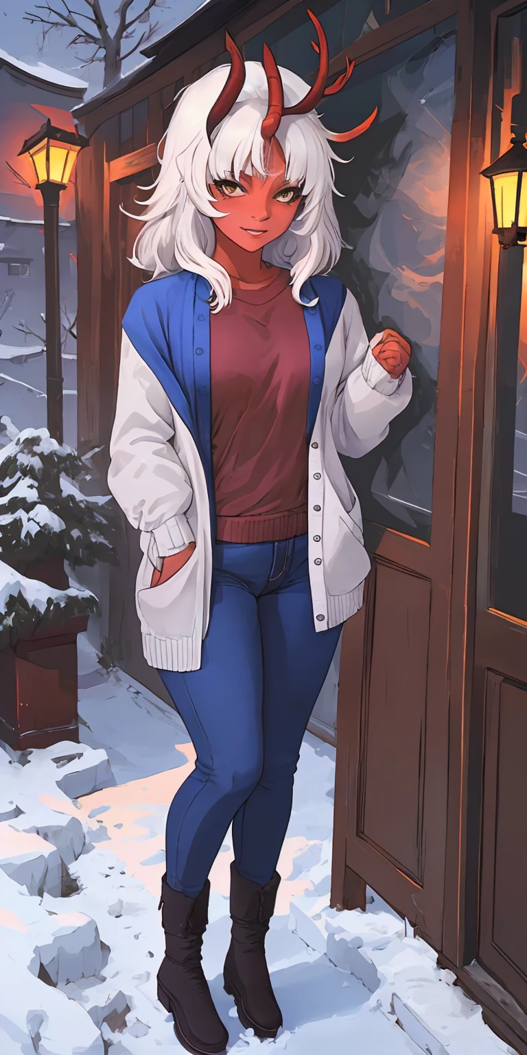 (masterpiece:1.2), best quality, highres, original, (extremely detailed:1.2), ultra-detailed, perfect lighting,(extremely detailed CG:1.2), 8k, anime illustration, 1girl, solo, lustful smirking smile face red cheeks, (winter outfit:1.2), STANDING STRAIGHT SYMMETRICAL LOOKING TO THE CAMERA, (knit cardigan:1.1), (bowknot on cardigan:1.25), knee-length skirt, (Ruffled hemline:1.3), winter boots, {delicate|detailed}clothes, (anatomically correct:1.34), close-up, full-body, looking at viewer, frontal, snowy street, (streetlight:1.17), NO background, unity 4k