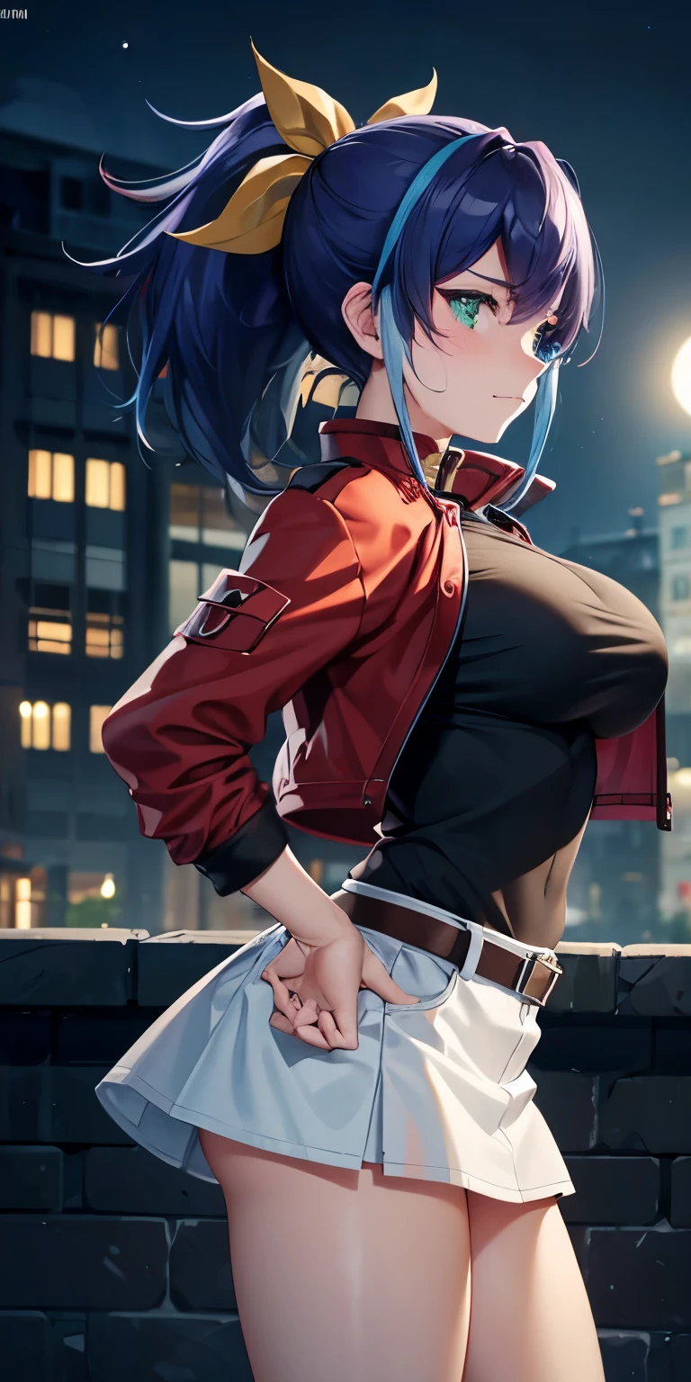 1 Female,High definition,high resolution,Ultra-realistic,8K, aaserena, ponytail,(multicolored hair),green eyes,red jacket,black shirt,belt,white skirt, tight skirt, miniskirt,European,sexy,Upper body close-up,Photographed from the front,Dynamic Angles,private teacher,blush, medium tits ,outdoors, moonlight, dark sky, buildings,full body,4k, ultra high definition, perfect face, detailed face , (isometric profile view), standing ,(hands on hips),(pov, closed shot:1.2) ,thinking