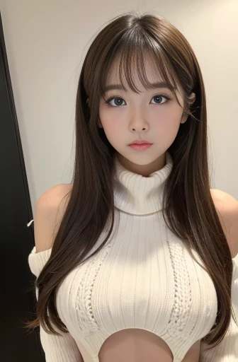 Japanese woman, long hair:1.4, light brown hair:1.2, black eyes, pale skin, thin lips, pretty face:1.2, cute face:1.3, baby face:1.6, Round face:1.4
, Droopy eyes:1.5, sexual climax, dwarf 1.45meters, glamorous 40kg,virgin destroyer sweater, sideboob, underboob, white panties, white thighhighs,virgin killer sweater, backless outfit,