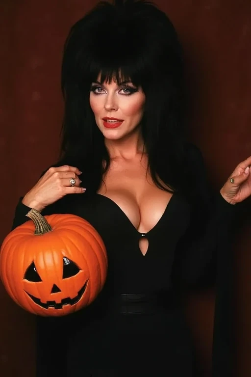 Elvira (Cassandra Peterson) ((nude)) (pussy) (full figure) ((large natural breasts)) long black hair, standing on a deserted rocky beach in the moonlight, smiling, sexy, seductive, fun, (depth of field) ((masterpiece)) ((best quality)) ((highly detailed))