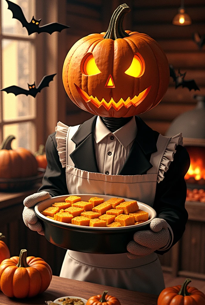  jack o' lantern , Skinny, Black suit, White ruffled apron on top of suit ,  Wearing Mittens on Hands ,  Holding a Gratin Dish ,  Pumpkin Gratin ,  contains lots of squared pumpkins, Inside the log house, Homely atmosphere,  bats flying around Jack , Burning Kamado 