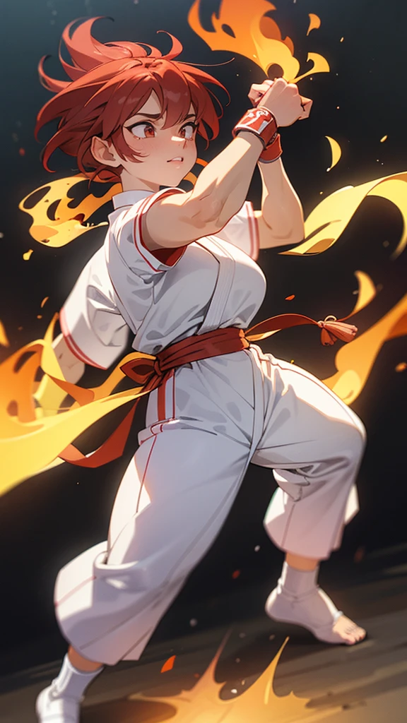  A female character with defined muscles,  fists of fire bands on the fists , karate wrestling outfit , white clothes 