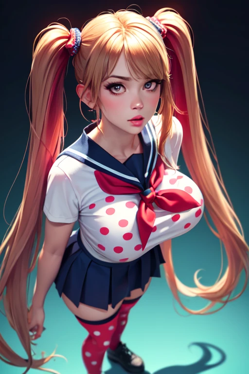 (ultra realistic,32k, masterpiece:1.2),(high detailed skin:1.1), 8k uhd, dslr, high quality,(makeup, mascara:0.9), (thick\lips\),
 OsanaNajimi, twintails, serafuku, red neckerchief, blue skirt, polka dot legwear, , huge breast, 
(looking at viewer, standing, from above:1.1),,
,(neon light:1.1), blank background