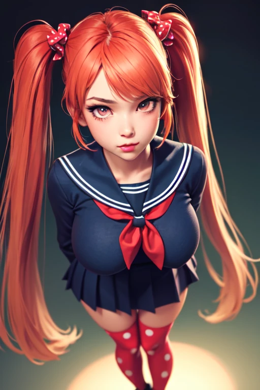 (ultra realistic,32k, masterpiece:1.2),(high detailed skin:1.1), 8k uhd, dslr, high quality,(makeup, mascara:0.9), (thick\lips\),
 OsanaNajimi, twintails, serafuku, red neckerchief, blue skirt, polka dot legwear, , huge breast, 
(looking at viewer, standing, from above:1.1),,
,(neon light:1.1), blank background