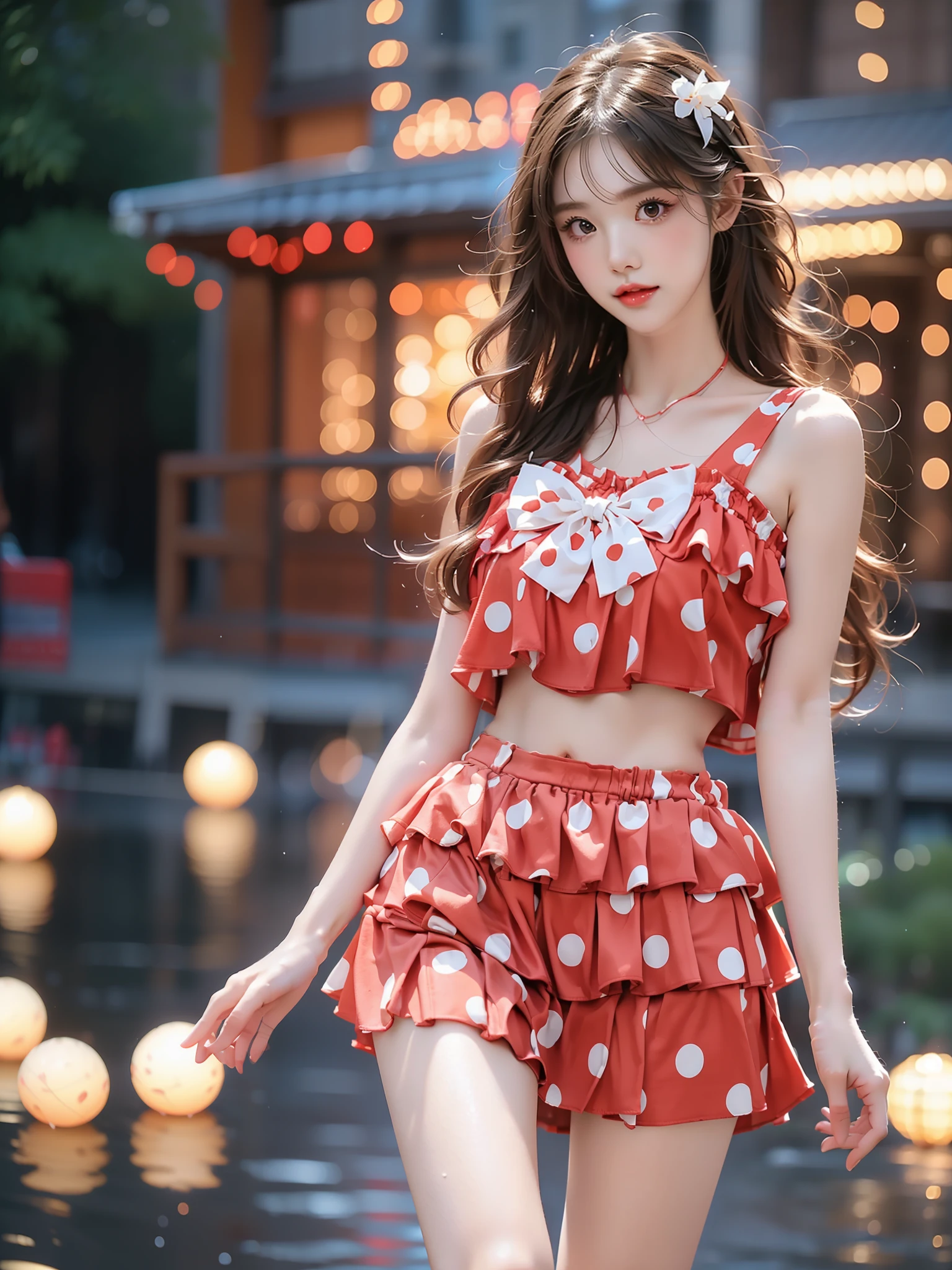 cute swimsuit, polka dot bikini, frills, bow, halterneck ,((full body)), (Asian beauty: 1.3), girl, solo, (toned body: 1.2) (naturally large breasts: 1.1), (visible cleavage: 0.8) (smooth flawless skin: 1.2), (perfect anatomical proportions: 1.3) (Naturally comfortable posture: 1.4) (anatomically correct legs: 1.3), (elegantly long legs: 1.3) 1.1) Hands gently lift the skirt (detailed features: 1.2), (big bright eyes: 1.1), (long eyelashes: 1.1) charming smile, gentle and confident expression Head slightly tilted long flowing hair (night scene: 1.1), (starry sky: 1.0), (space background: 0.9) (professional soft light: 1.2), (warm tone: 1.1) (Masterpiece: 1.4), (Super Detail: 1.3), (Sharp focus: 1.2) (Realistic: 1.2), (Hi-Fi: 1.1)