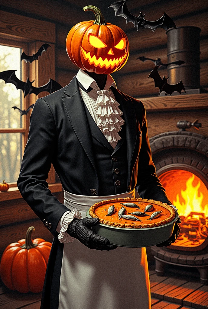  jack o' lantern , Skinny, Black suit, White ruffled apron on top of suit ,  Wearing Mittens on Hands ,  Holding a Gratin Dish , oval baking dish ,  pumpkin and herring pie ,  Pumpkins in it, Inside the log house, Homely atmosphere,  bats are flying around Jack, Burning Kamado 