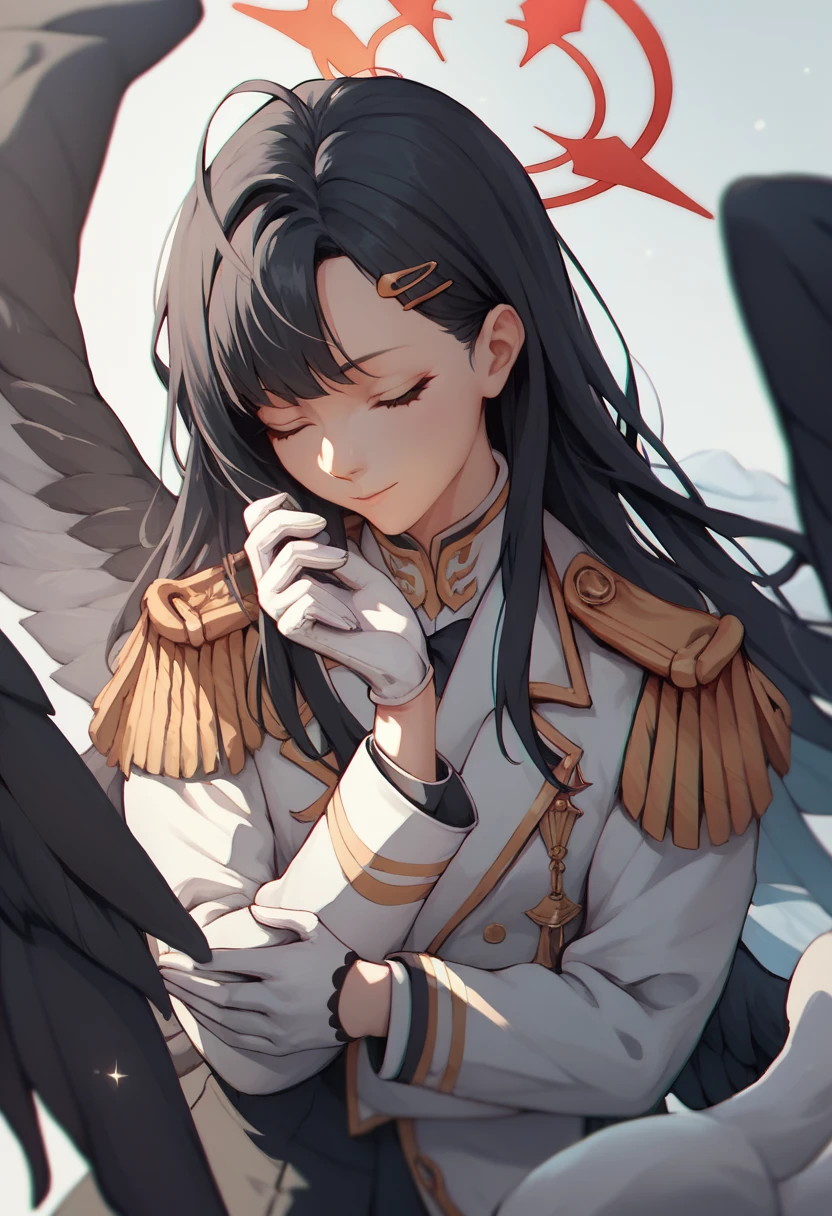 ichika ,  solo, ahog, White gloves,  wings,low wings, halo, long sleeves, long hair,  black hair, hair ornament, 1girl, closed eyes, black wings, White tails, epaulettes on both shoulders