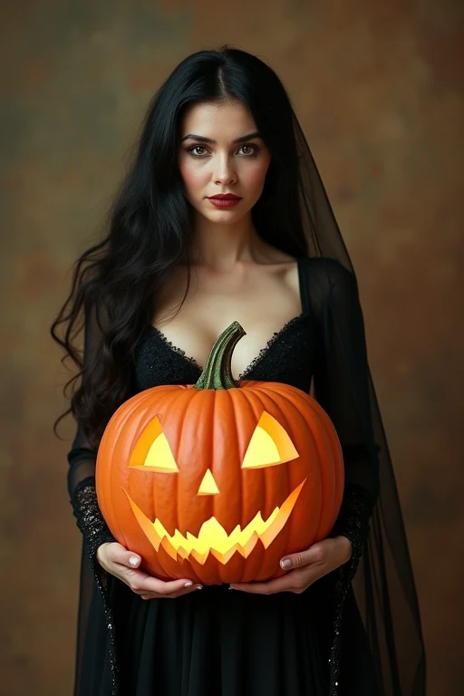 (masterpiece, best quality:1.2), 1girl, solo, vintageElvira, hugging with both hands from behind a huge Halloween Pumpkin, dressed in a light fabric black dress with a HUGE cleavage, high-detail