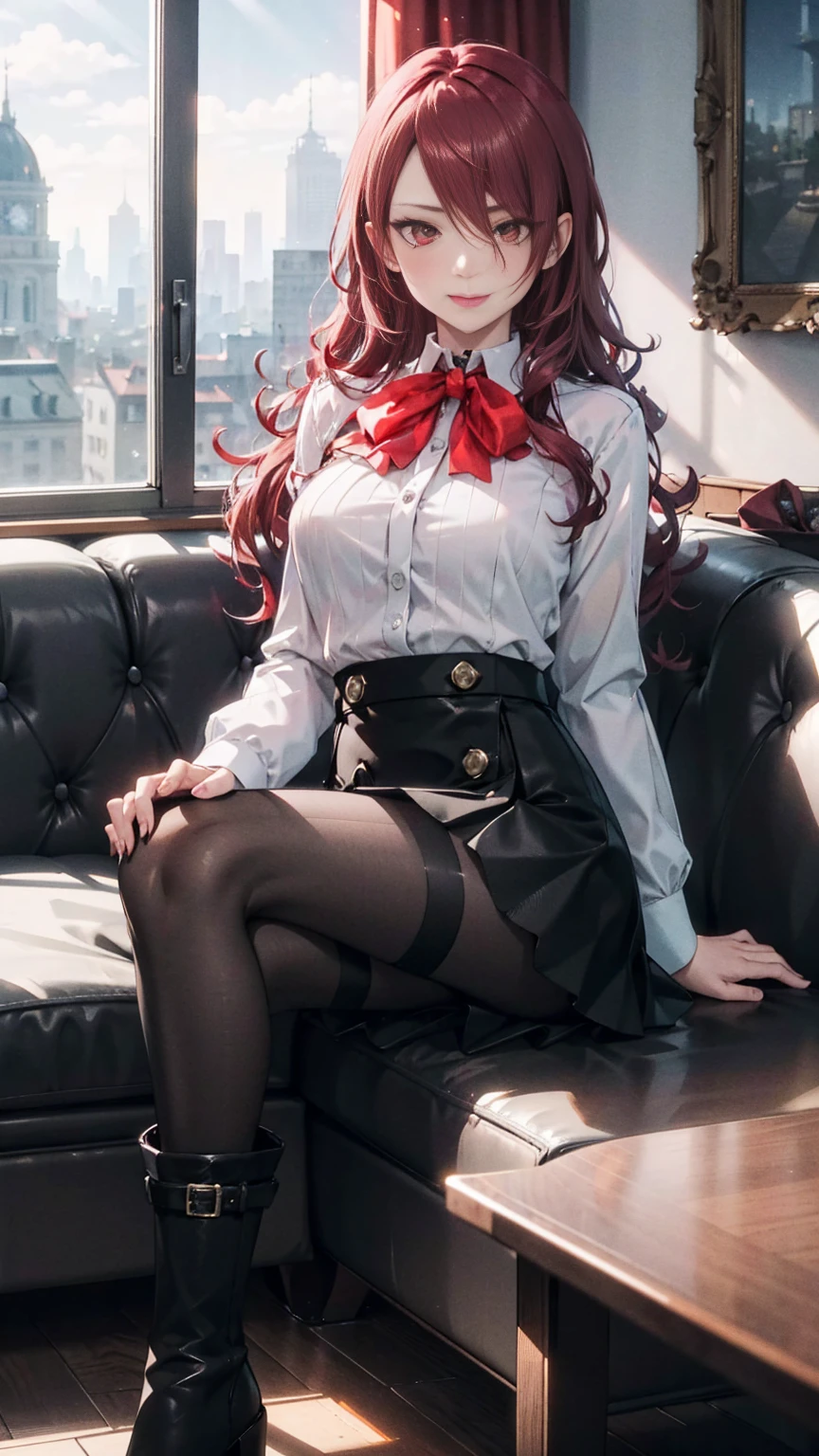  The best quality, ( masterpiece :1.3),  cinematic lighting , ultra-detail, (highres:1.1), mitsuru kirijou,  sitting on a couch , View from the front,  looking at the viewer, long dark red hair, ( hair covering a right eye ),  detailed eyes , red eyes,  Big breasts, draw smile, choker:1.6, red bow on the chest , ((White buttoned shirt)), ( shiny black miniskirt ), (dark brown tights), (black boots), elegant room, mansion, night