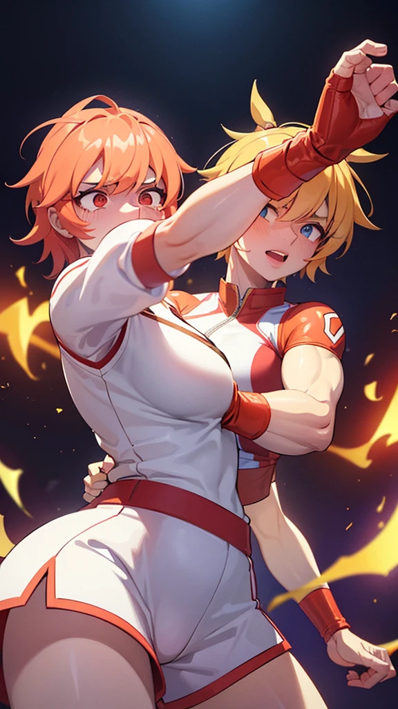  A female character with defined muscles,  fists of fire bands on the fists , karate wrestling outfit , white clothes 