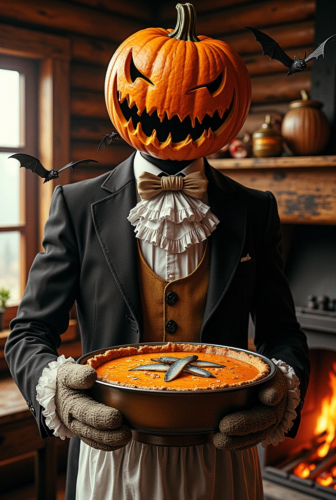  jack o' lantern , Skinny, Black suit, White ruffled apron on top of suit ,  Wearing Mittens on Hands ,  Holding a Gratin Dish , oval baking dish ,  pumpkin and herring pie ,  Pumpkins in it, Herring-shaped pie in the center of the pie , Inside the log house, Homely atmosphere,  bats are flying around Jack, Burning Kamado 