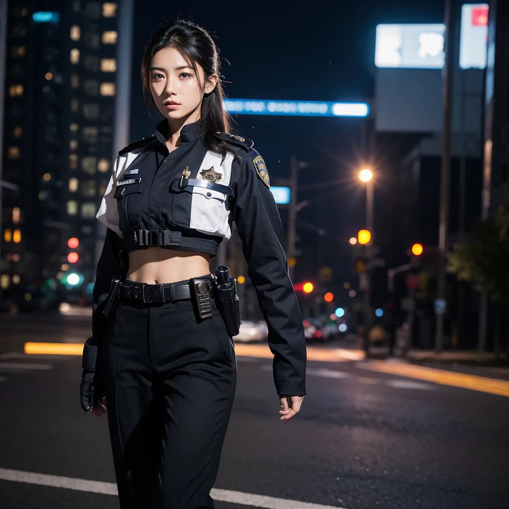 A beautiful Asian female police officer standing confidently in a sleek, well-fitted police uniform. Her badge shines on her chest, and she carries a utility belt with essential gear around her waist. Her hair is neatly tied back, and her expression is one of calm strength and authority. She stands in an urban cityscape backdrop, with subtle lighting highlighting her strong, determined features. The atmosphere reflects professionalism and competence