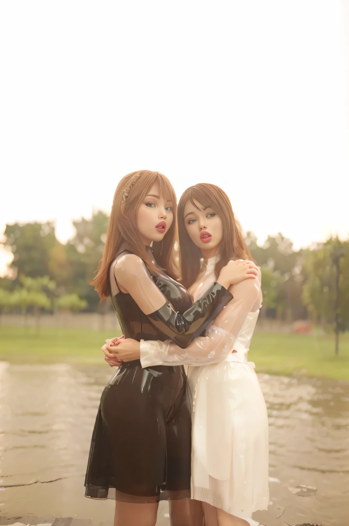 ((Best quality, ultra quality, ultra detailed, 8K, Masterpiece:1.3, 2 girls)), wet clothes, high quality, best quality, extremely detailed, Ultra quality, ultra detailed, masterpiece, 4K quality, Latex skin, lovedoll, sexdoll, shinny latex sexdoll skin, sexdoll eyes, transparent latex clothes, nsfw, sexdoll lips, sexdoll vagina, not wearing pants, no short