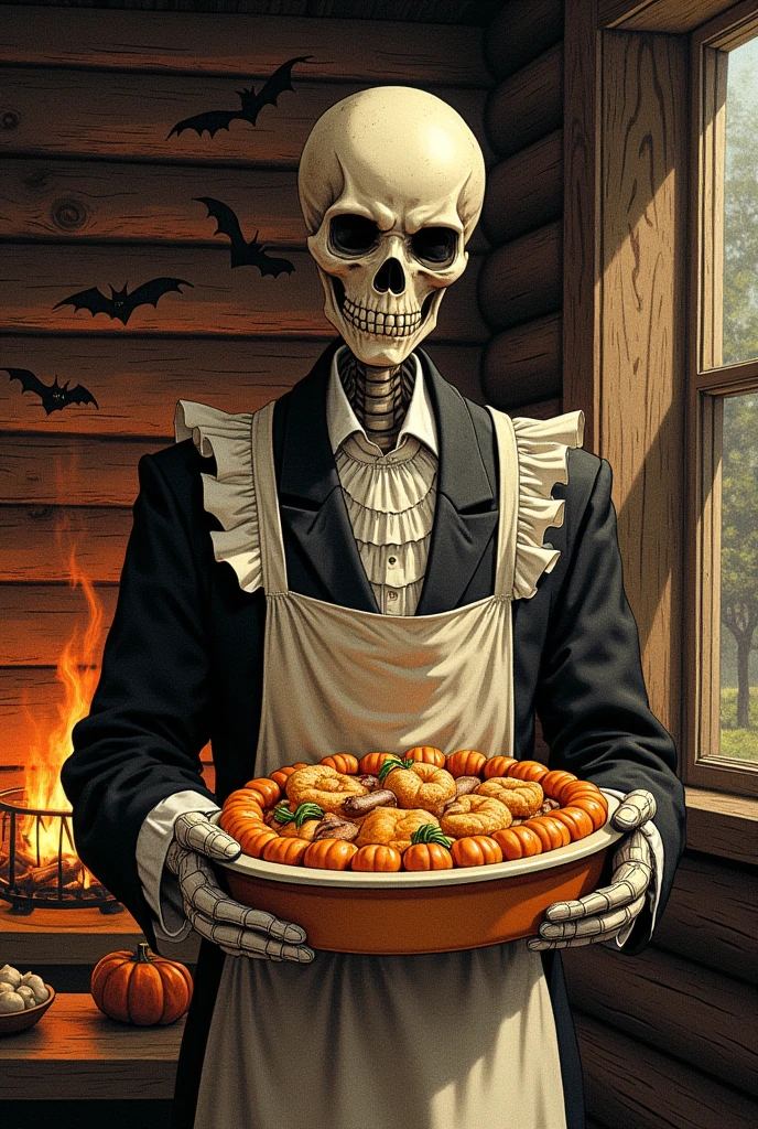  jack o' lantern , Skinny, Black suit, White ruffled apron on top of suit ,  Wearing Mittens on Hands ,  Holding a Gratin Dish , oval baking dish :1.2,  pumpkin and herring pie ,  Pumpkins in it, Herring-shaped pie in the center of the pie , Inside the log house, Homely atmosphere,  bats flying around Jack , Burning Kamado 