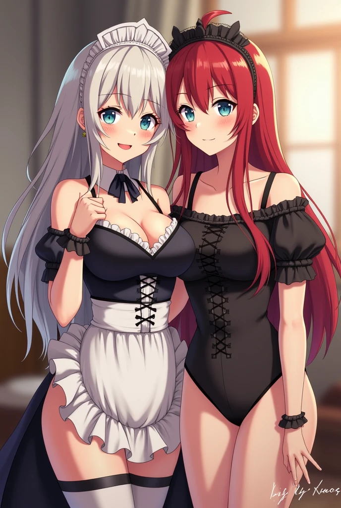 crimson hair, long hair, blue eyes, top quality, anime girl, dress babydoll, black babydoll,((see-through)), lingerie, ((frilly babydoll)), off shoulder, ((see-through)), off  Thigh, ((see-through)), bedroom background,