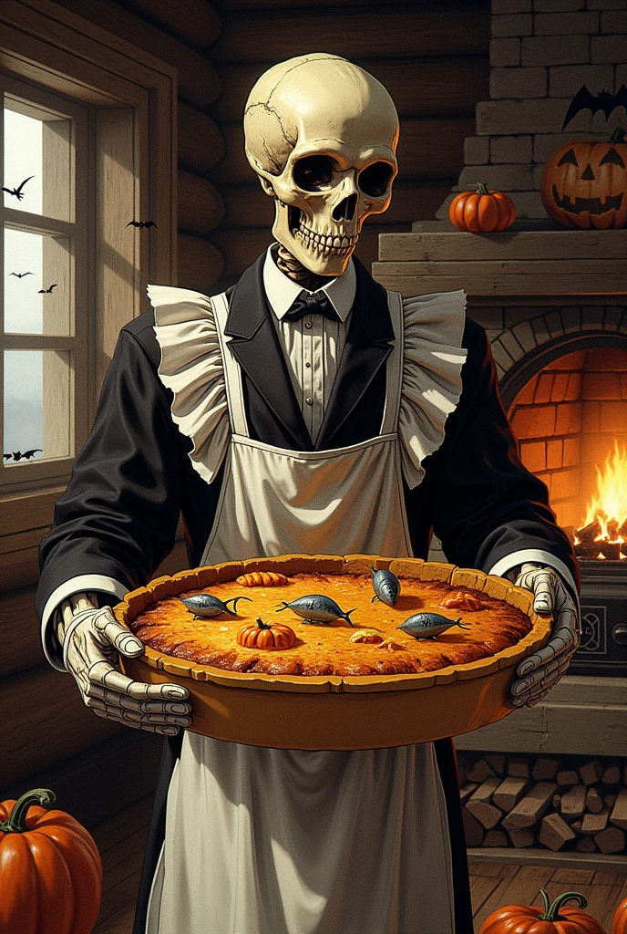  jack o' lantern , Skinny, Black suit, White ruffled apron on top of suit ,  Wearing Mittens on Hands ,  Holding a Gratin Dish , oval baking dish :1.2,  pumpkin and herring pie ,  Pumpkins in it, Herring-shaped pie in the center of the pie , Inside the log house, Homely atmosphere,  bats flying around Jack , Burning Kamado 