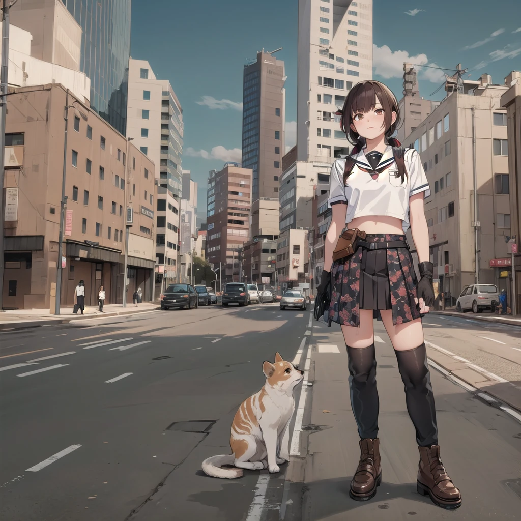   1 girl, Alone, Long Hair,  In town, skirt, Brown Hair,   Black Hair  , gloves, holding,   twin tails ,   Brown Eyes  ,     School Uniforms,   jacket, Full Body,   ponytail, arms, pleated skirt, shoes,   black gloves, socks,     fingerless gloves , holding arms, from side, gun, Check pattern, Knee-length, Check pattern skirt, brown footwear , white   jacket, black socks, , holding gun, rifle, tobacco, brown skirt, sniper rifle, Firing, Range  , Suppressor
