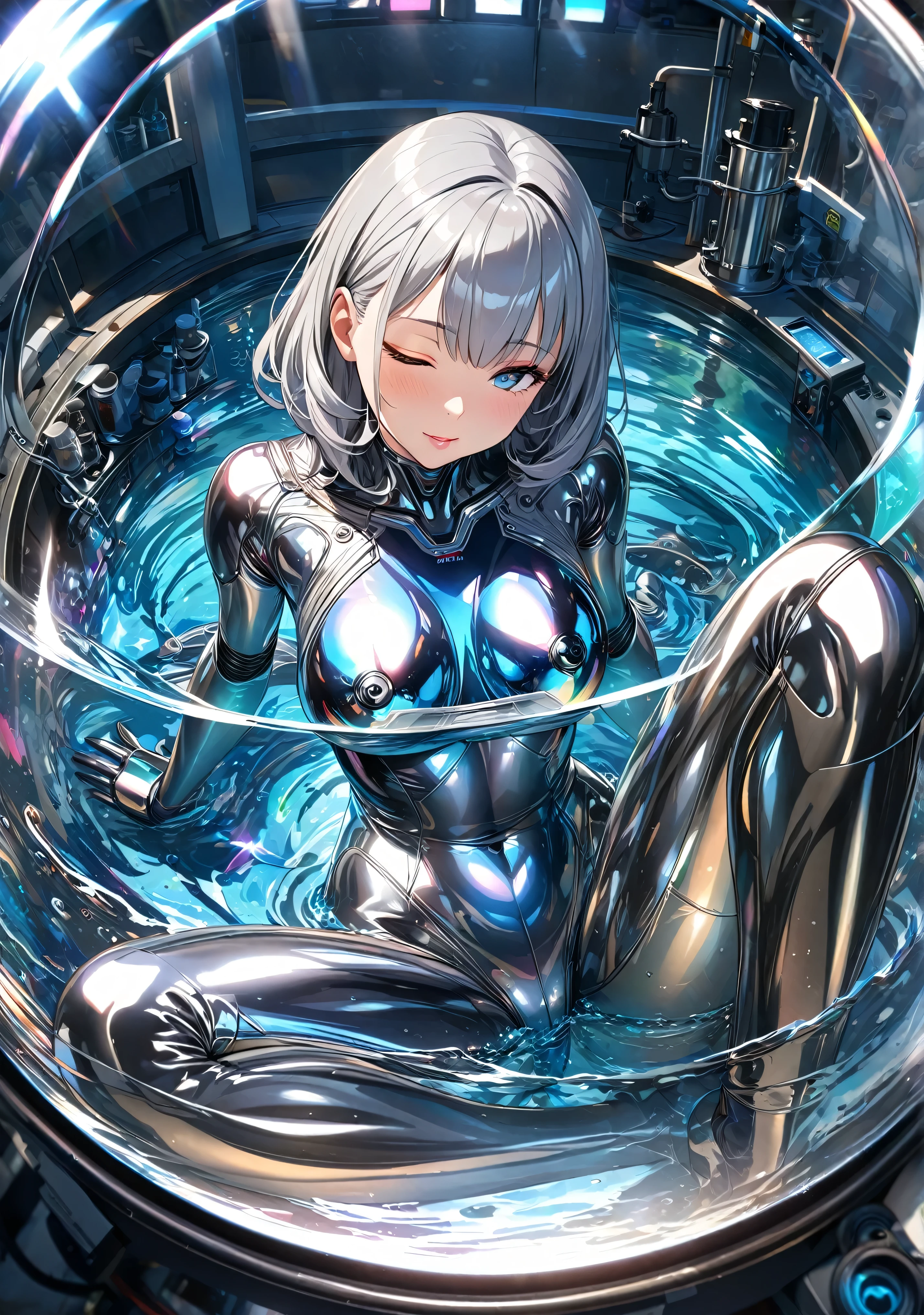  1 girl, Game CG, 
Fisheye Lens, It's submerged in a spherical aquarium filled with liquid, bend your knees and curl up, Face on knees , Eyelids closed, 
( android , super metallic gloss silver,  Liquid Metal Full Body Suit , It's in a huge glass tank filled with iridescent shiny , Shining), 
Grey Hair, Medium hair, Left-side parting bangs , Glossy lips, Beautiful Face,  beautiful well-balanced body, Detailed nipple contours, Detailed Female Genital Contour , Beautiful clavicle,  taut chest, bodysuit detailed drawing,  intricate detail, 
Laboratory, beautiful blue liquid,  Glittering Laboratory Equipment Light , Perfect Contour, Dutch angle,  Shallow Depth of Field ,  super high definition,  intricate detail,  lens flare , Photorealistic rendering,