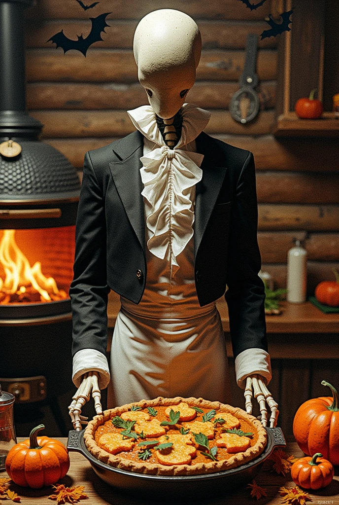  jack o' lantern :1.2, Skinny, Black suit, White ruffled apron on top of suit ,  Wearing Mittens on Hands ,  Holding a Gratin Dish , oval baking dish :1.1,  pumpkin and herring pie ,  Pumpkins in it, Herring-shaped pie in the center of the pie , Inside the log house, Homely atmosphere,  bats are flying around Jack, Burning Kamado 