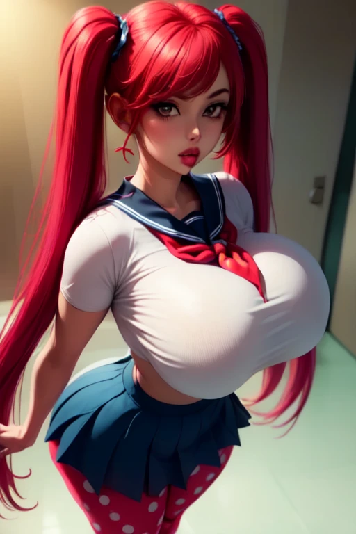 (ultra realistic,32k, masterpiece:1.2),(high detailed skin:1.1), 8k uhd, dslr, high quality,(makeup, mascara:0.9), (thick\lips\),
 OsanaNajimi, twintails, serafuku, red neckerchief, blue skirt, polka dot legwear, , huge breast, 
(looking at viewer, standing, from above:1.1),,
,(neon light:1.1), blank background