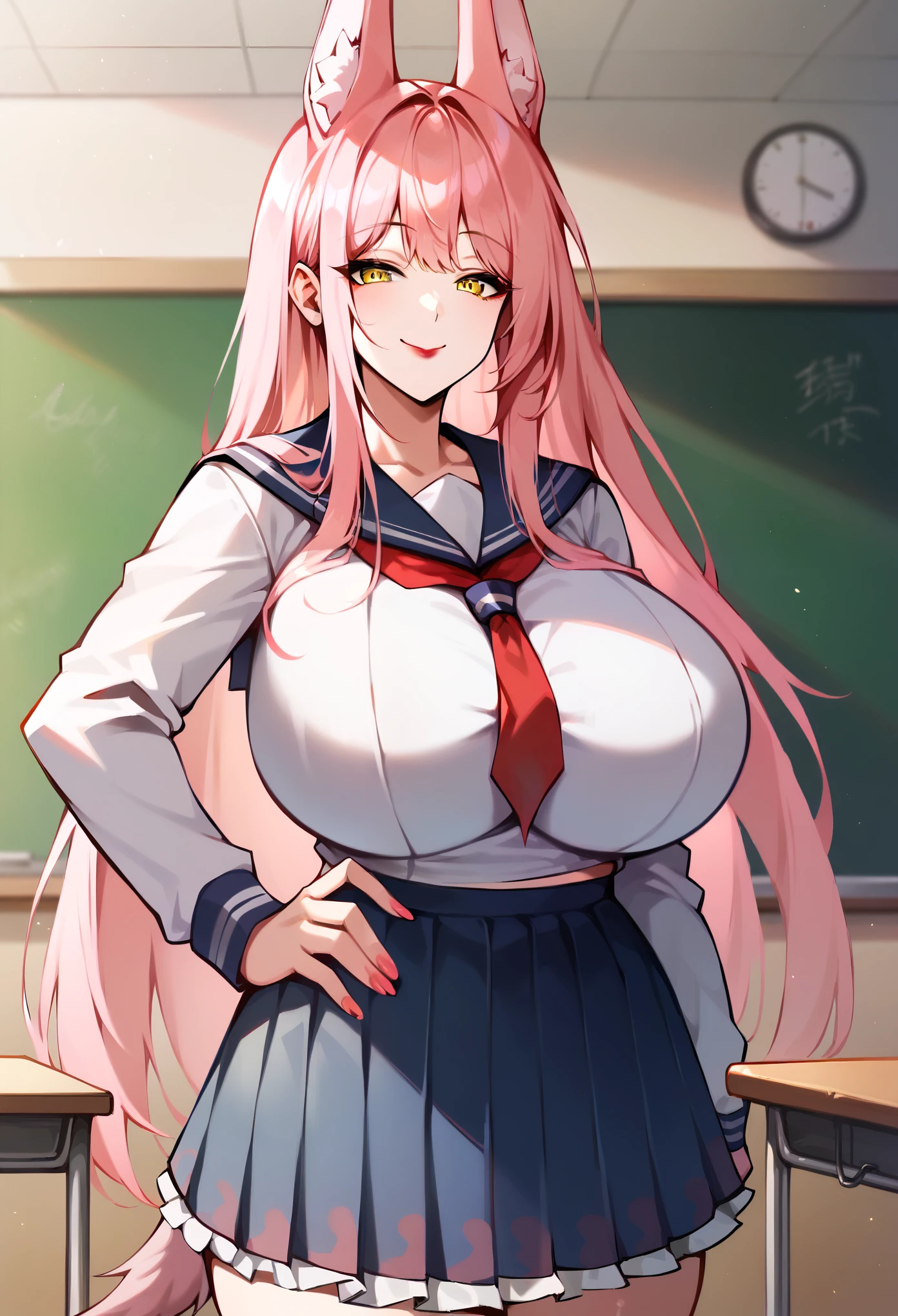 masterpiece, score_9, score_8_up, score_7_up, 1girl, milf, solo, monster girl, leona, (large breasts:1.9), (((pink hair), very long hair, bangs, long sidelocks, yellow eyes, jackal ears, wolf tail)), red lips, ((medium skirt, frilled skirt, seifuku, sailor collar)), ((light smile), closed mouth), ((hand on own hip, classroom))