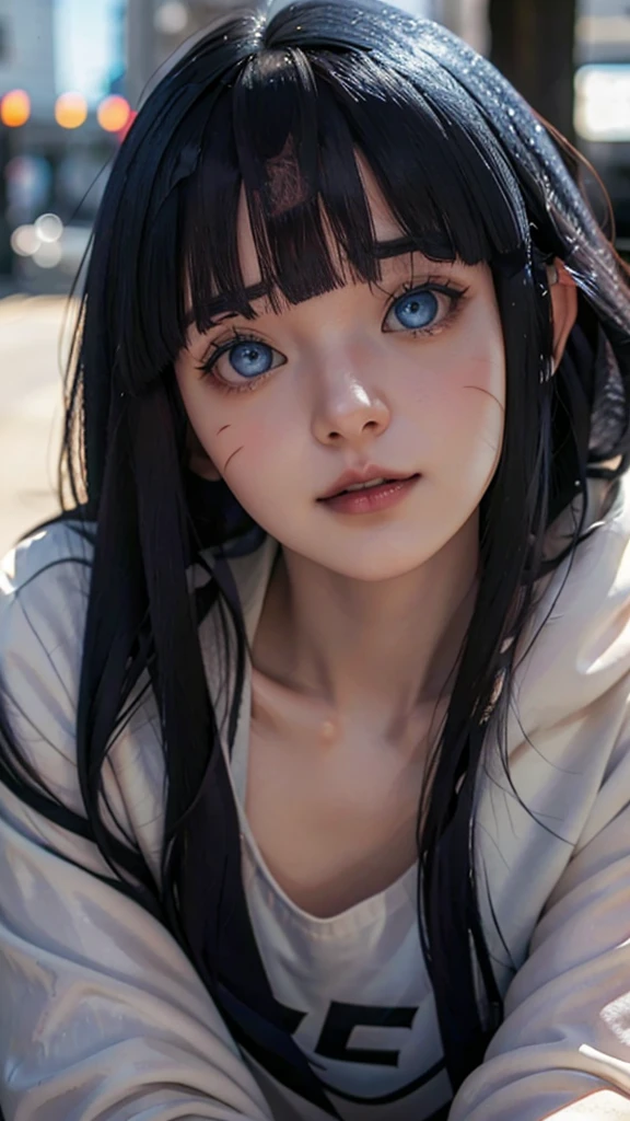 a close up of a person with long hair and a white clothes, uzumaki himawari, uzumaki himawari from anime boruto, as an anime character, perfect anime face, she has dark blue hair with bangs, female anime character, anime character, anime best girl, hime cut hairstyle, dark blue hair, (red glossy lips:1.3), blue eyes, smile, realistic, ultra detail, city background, (beautiful face:1.3)masterpiece, high quality, highly detailed, realistic, photorealistic, semi-realistic, portrait,
SUBJECT1woman, solo, DETAIL On the streets of Tokyo, model pose,
Soft blue eyes details, pretty nose details, realistic face, realistic body, realistic light, sweet smile expression, pink short skirt, long sleeves, hood, hoodie, pink skirt, bright yellow hoodie, himawari uzumaki, short hair, bangs , blue eyes, black hair, blunt bangs, scar on the face, two small rows of mustache marks on the right and left cheeks with a detailed and very detailed character