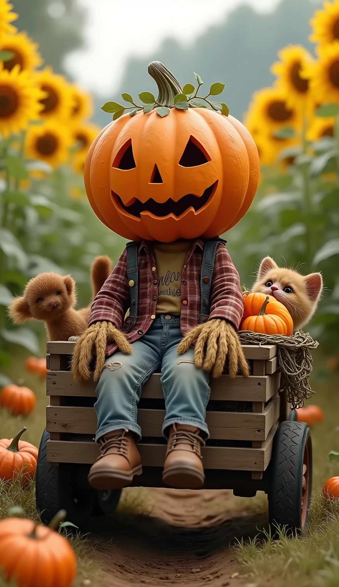  scarecrow with a pumpkin head, Clothes,  plaid shirt , ripped pants,  sitting in a cart full of straw ,  on the wheel is supported by a rake ,  a basket with fruits , a playful puppy ,  or a cat playing with a ball ,  in the background planted with sunflowers ,  beautiful fairytale scene  , UHD, Retina, masterpiece, Accurate, Super detail, high details,  high quality ,  award winning , best quality, highres, 1080P, HD, 16K
