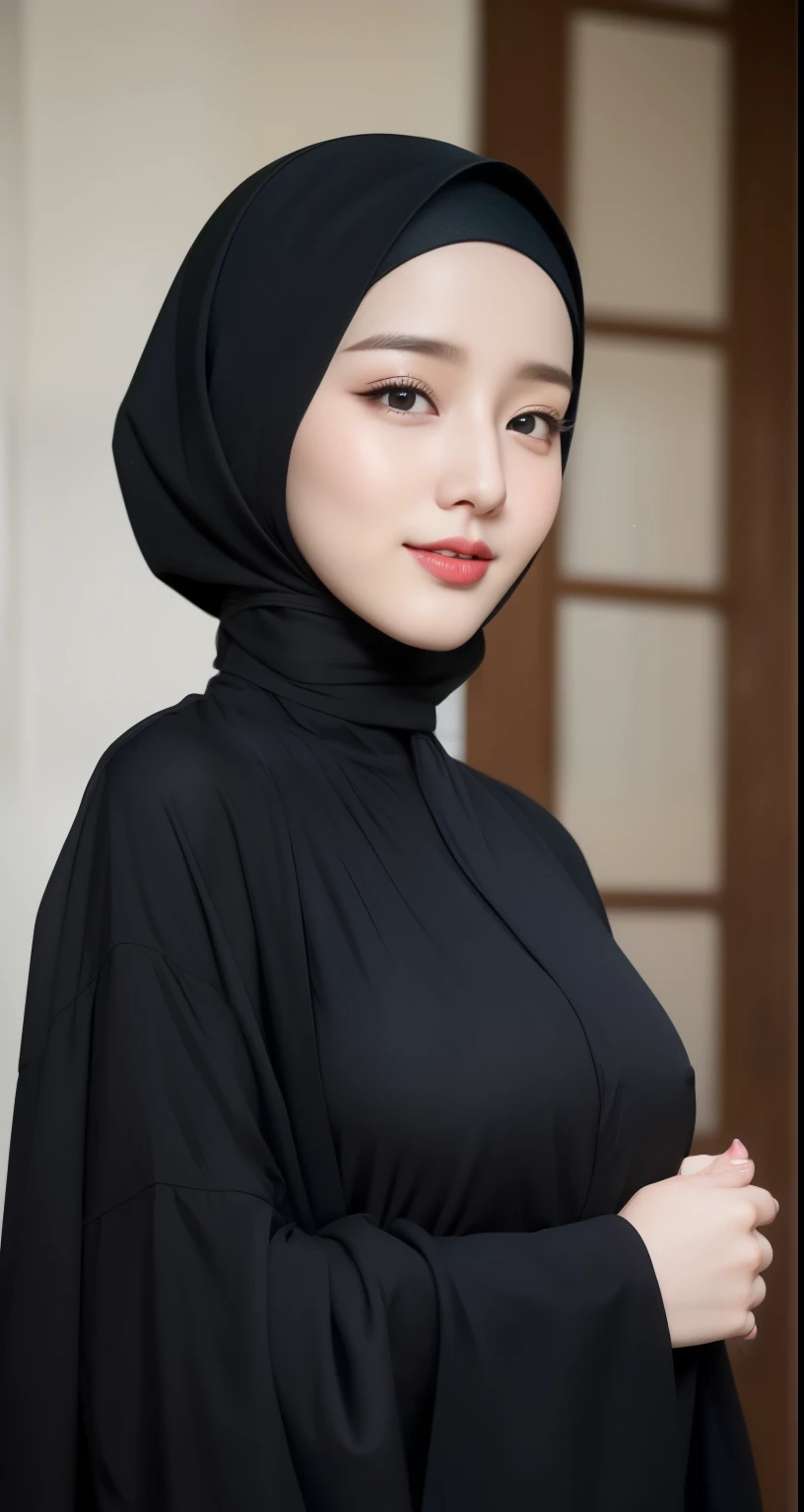(best quality,4k,8k,highres,masterpiece:1.2),lips smile, natural red lips, ultra-detailed,eyes detailed, face glow,(realistic,photorealistic,photo-realistic:1.37),20 years old girl, (Big breasts), hijab abaya trendy, hijab abaya trendy style,(intricate hijab folds),asian korean beautiful girl,book, wear book, erotic Asian korean, ((hijab abaya style)), elegant pose