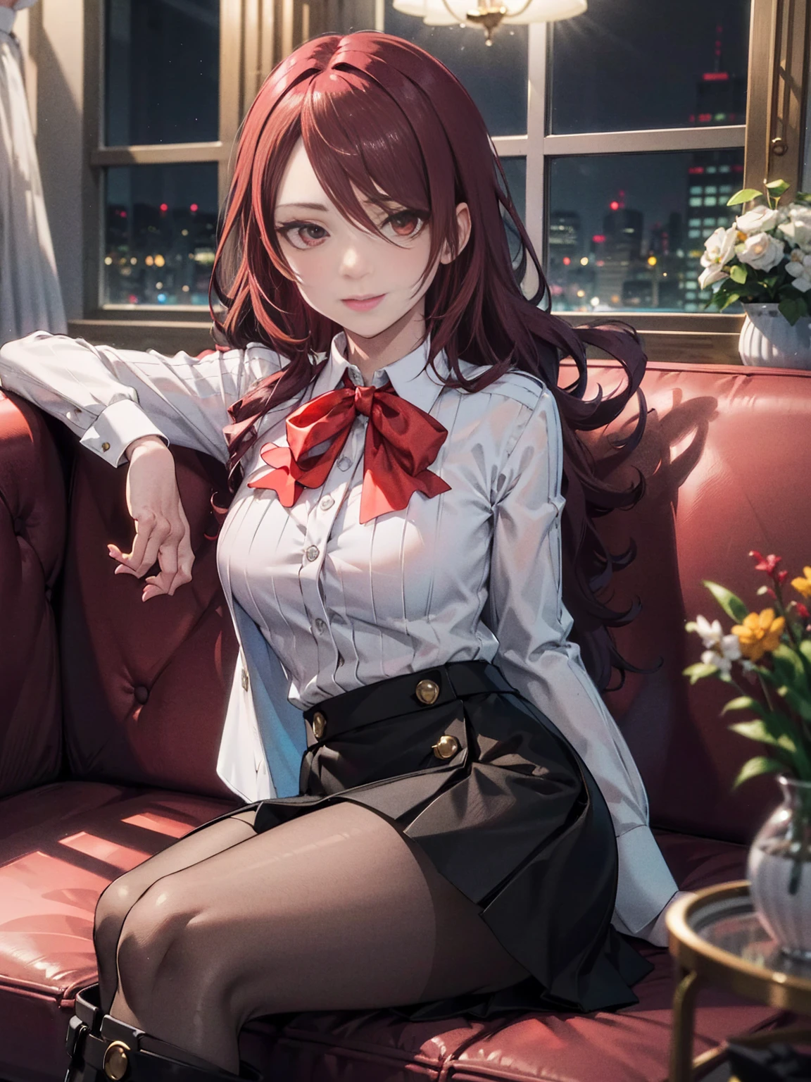  The best quality, ( masterpiece :1.3),  cinematic lighting , ultra-detail, (highres:1.1), mitsuru kirijou,  sitting on a couch , View from the front,  looking at the viewer, long dark red hair, ( hair covering a right eye ),  detailed eyes , red eyes,  Big breasts, draw smile, choker:1.6, red bow on the chest , ((White buttoned shirt)), ( shiny black miniskirt ), (dark brown tights), (black boots), elegant room, mansion, night