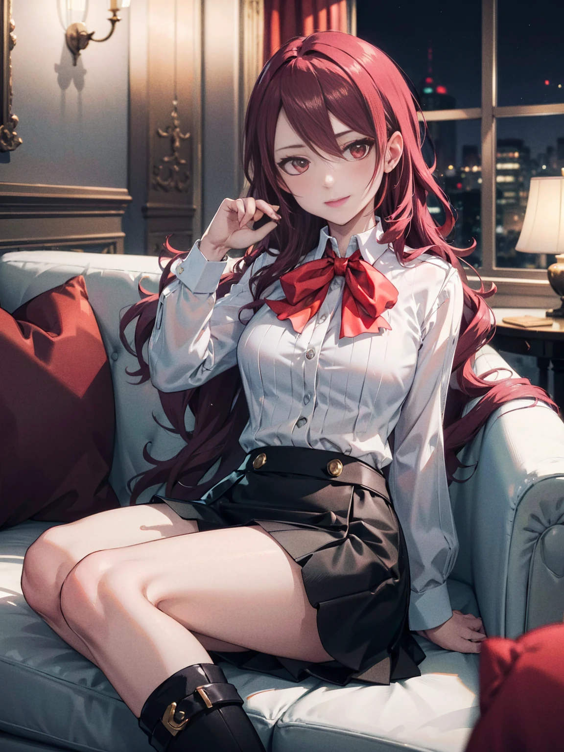  The best quality, ( masterpiece :1.3),  cinematic lighting , ultra-detail, (highres:1.1), mitsuru kirijou,  sitting on a couch , View from the front,  looking at the viewer, long dark red hair, ( hair covering a right eye ),  detailed eyes , red eyes,  Big breasts, draw smile, choker:1.6, red bow on the chest , ((White buttoned shirt)), ( shiny black miniskirt ), (dark brown tights), (black boots), elegant room, mansion, night