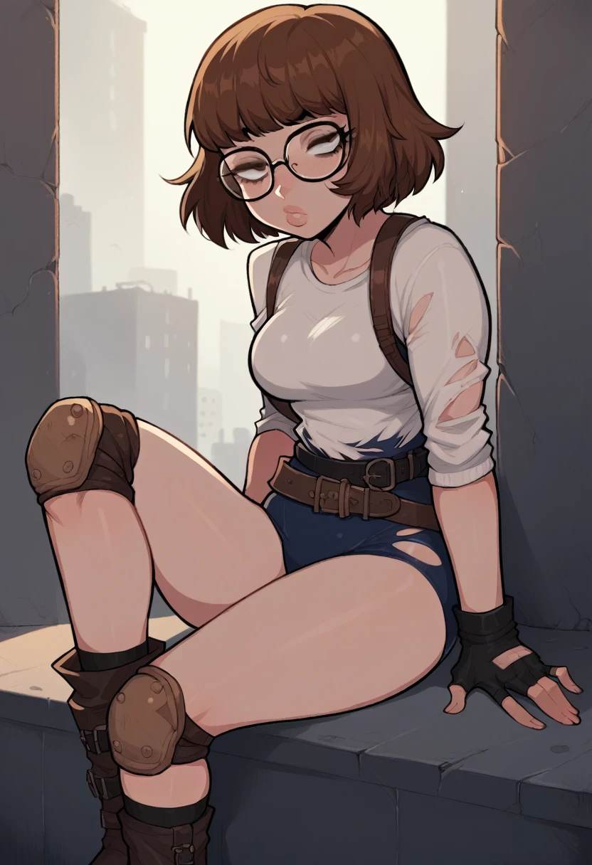 Sexy girl, Bob hair, Brown hair, glasses, lips, half closed eyes, faint face, perfect legs, in abandoned city, very torn schoolar swimsuit, belt, boots, fingerless gloves, knee pads, long black socks, White tshirt