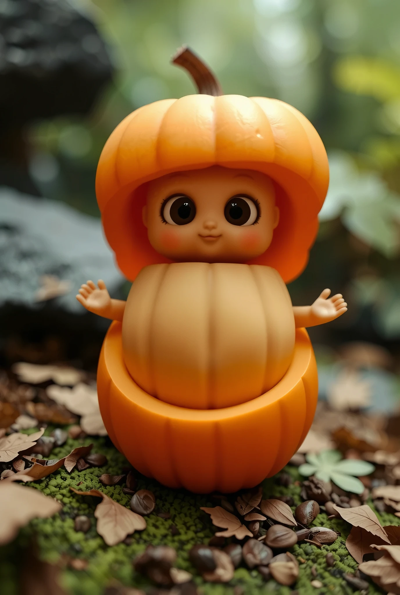 Kabocha Taro born from a pumpkin, the pumpkin split in half vertically, and Kabocha Taro lifting the top half and emerging from the pumpkin