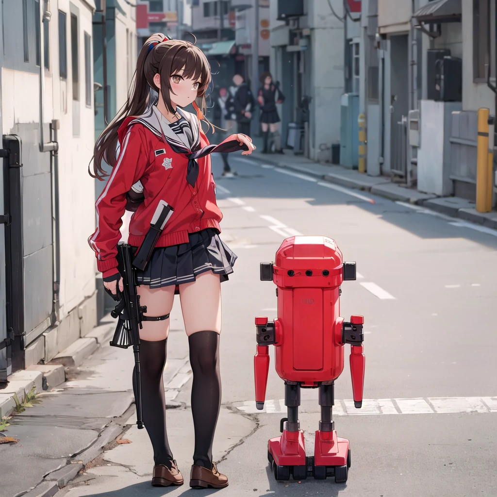   1 girl, Alone, Long Hair,  In town, skirt, Brown Hair,   Black Hair  , gloves, holding,   twin tails ,   Brown Eyes  ,     School Uniforms,   jacket, Full Body,   ponytail, arms, pleated skirt, shoes,   black gloves, socks,     fingerless gloves , holding arms, from side, gun, Check pattern, Knee-length, Check pattern skirt, brown footwear , white   jacket, black socks, , holding gun, rifle, tobacco, brown skirt, sniper rifle, Firing, Range  , Suppressor
