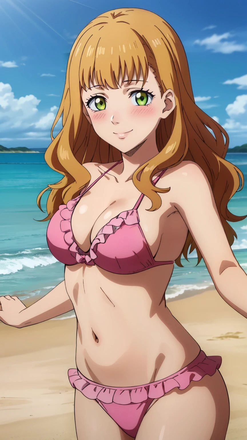 (masterpiece, best quality, high resolution, 8k:1.2), (anime coloring), confused, detailed face, beautiful face, (beautiful eyes, deep eyes), one girl, ((dynamic pose)), mimosa, green eyes, orange hair, long hair, alone, looking at viewer, wavy hair, bangs, (medium breasts:1.0), (Pink bikini, frills, beach, smile, blush), (cowboy shot), 