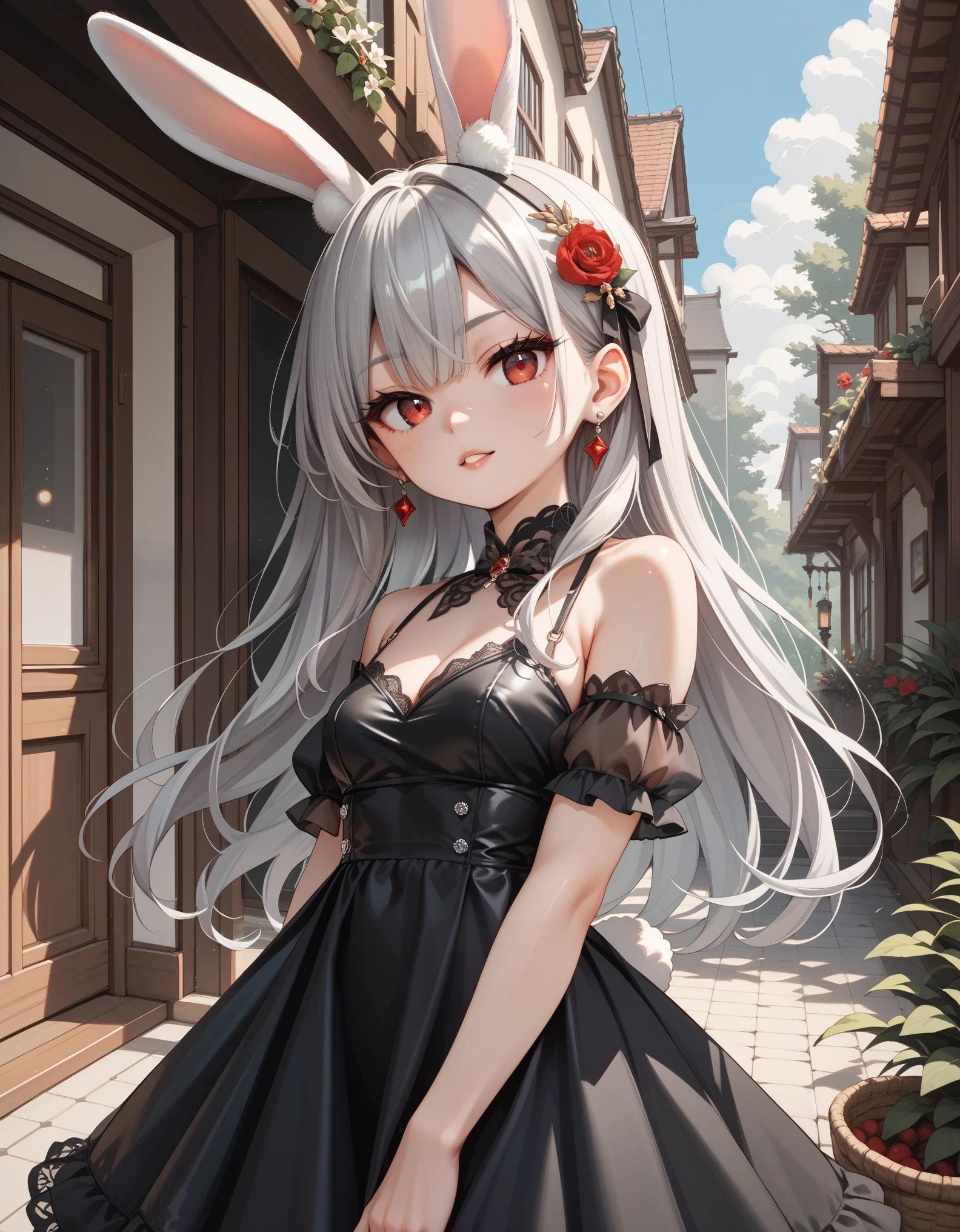 score_9, score_8_up, score_7_up, source_anime, 1girl, silver hair, rabbit ears, red eyes, black dress