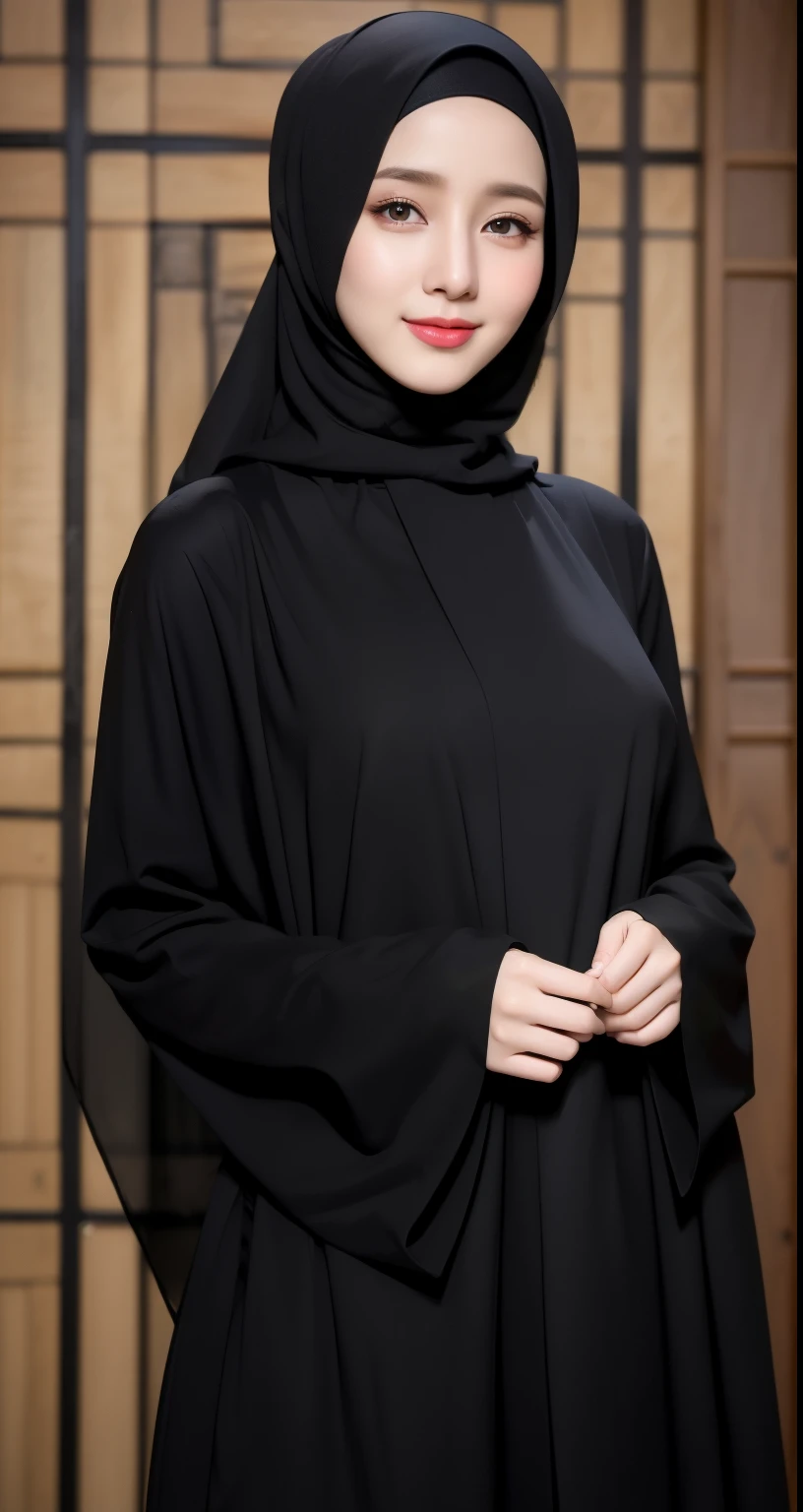 (best quality,4k,8k,highres,masterpiece:1.2),lips smile, natural red lips, ultra-detailed,eyes detailed, (realistic,photorealistic,photo-realistic:1.37),25 years old girl, (Big breasts), hijab abaya trendy, hijab abaya trendy style,(intricate hijab folds),asian korean beautiful girl,book, wear book, erotic Asian korean, ((hijab abaya style)), elegant pose