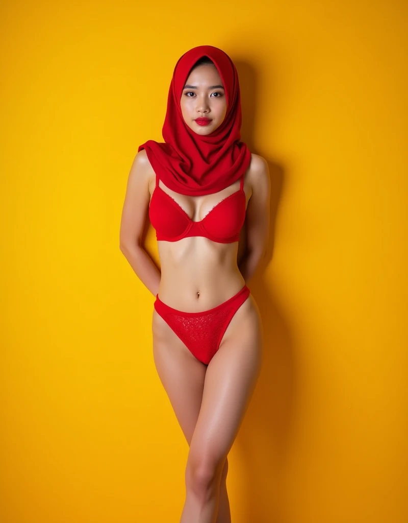 (8k, highest quality, very detailed:1.37), ( Indonesian teen fashion model), wearing Hijab , rocket breast, confident, photo hotel room, photoshoot, designer sexy plastic transparent, alluring eyes, perfect skin, fashionable hairstyles, glamorous ,stand up seduction pose, stylish set design, full bodies, photorealistic, red coloring , No bra, ((Her vaginal hair was visible inside the transparent red bikini)) ,red plastic transparent bikini((The shadow of her large nipples was visible in her red bikini)), ((sexy, Sexual manifestasion)), ((whole body)) , ((booty pose)) , ((the black shadow of her vagina was clearly visible)) ,((random porn pose)) , ((sensual pose)), ((stand up seduction pose)) , ((naughty pose)) , ((porn studio room)) , ((sex pose)) , ((her body was full of oily fluid)) ,