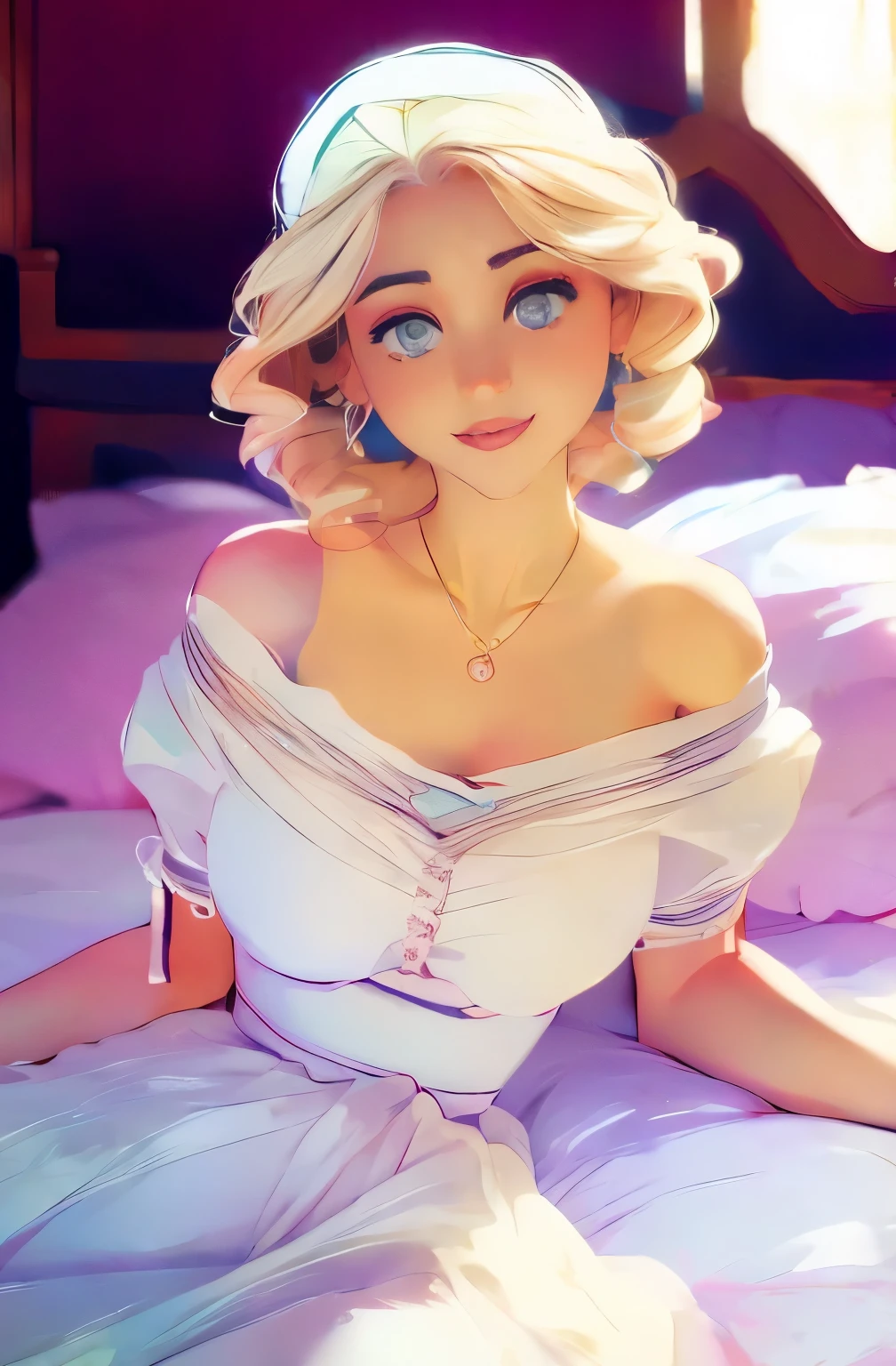 blond woman in white dress sitting in bed with a necklace on, a pastel inspired by Rosalie Emslie, tumblr, rococo, in style of petra collins, petra collins, imogen poots, ( ( emma lindstrom ) ), sydney sweeney, natalia dyer, betty cooper, lofi girl aesthetic, imogen poots as holy paladin