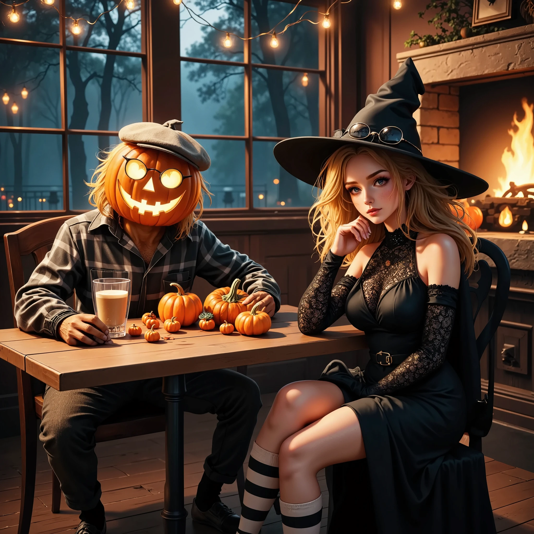 A realistic and playful image of a scarecrow Jack-o'-lantern and a pretty female witch enjoying a lighthearted time together in a cozy, rustic coffee shop with an autumn theme. The scarecrow Jack-o'-lantern has a glowing, carved face, perched on a body made of straw, dressed in a flannel shirt, a beanie, and round glasses. Beside him sits the witch, wearing a cute, modern witch outfit—a black dress with starry patterns, a pointed hat with a bow, and striped stockings. She has a warm smile as she sips on her pumpkin spice latte. The two sit at a wooden table decorated with small pumpkins and autumn leaves. The coffee shop has wooden interiors, a fireplace, and strings of fairy lights adding a cozy glow. Large windows show a view of autumn trees outside. The atmosphere is warm, cheerful, and inviting, capturing the spirit of autumn with a hint of Halloween magic.