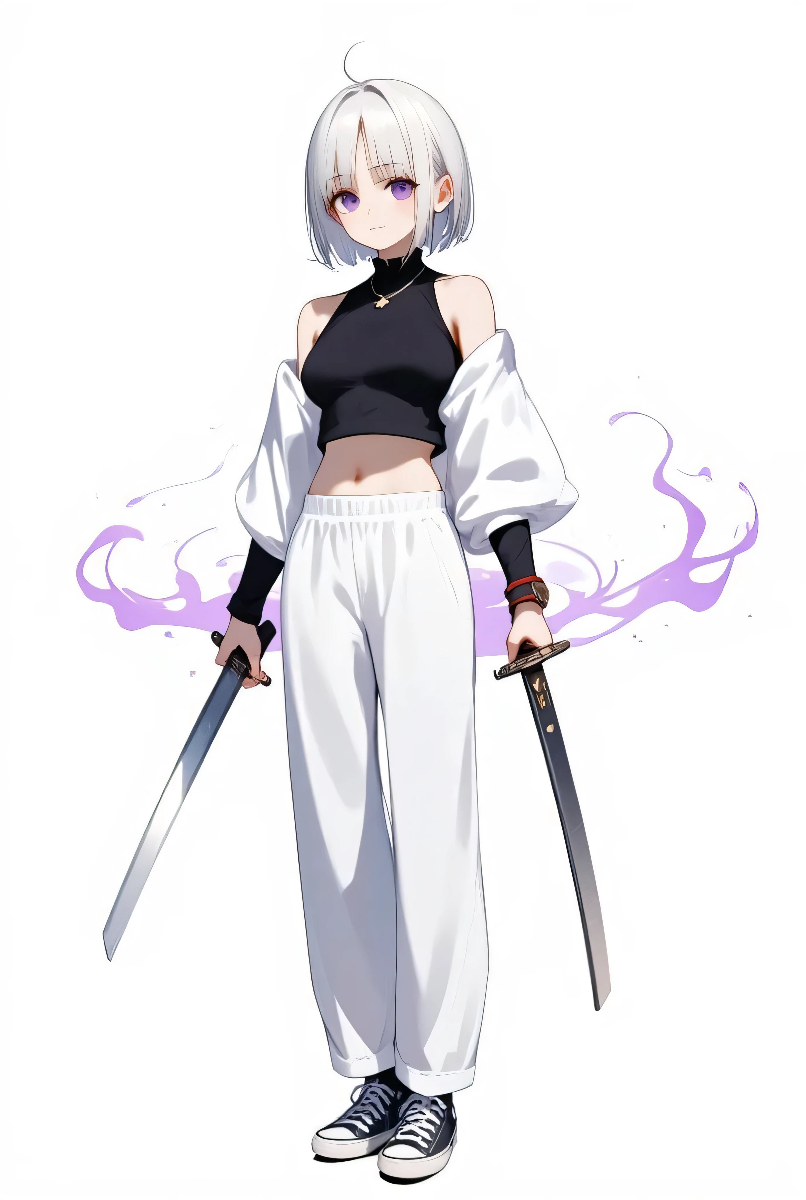 2D character, holding 2 katanas with a purple flame aura, white hair, white oversized clothes and black top, all star sneakers, white background, purple eyes.