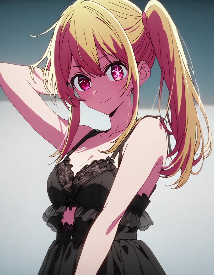 ruby hoshino, long hair, bangs, blonde hair, pink eyes, sidelocks, symbol-shaped pupils, multicolored hair, side ponytail, star-shaped pupils, two-tone hair, medium hair, lingerie, black lingerie, shoulder strap, one arm behind head, smile, looking viewer, solo, cowboy shot, best quality, high quality, ultra-detailed, high resoolution, 8K, detailed underwear, 