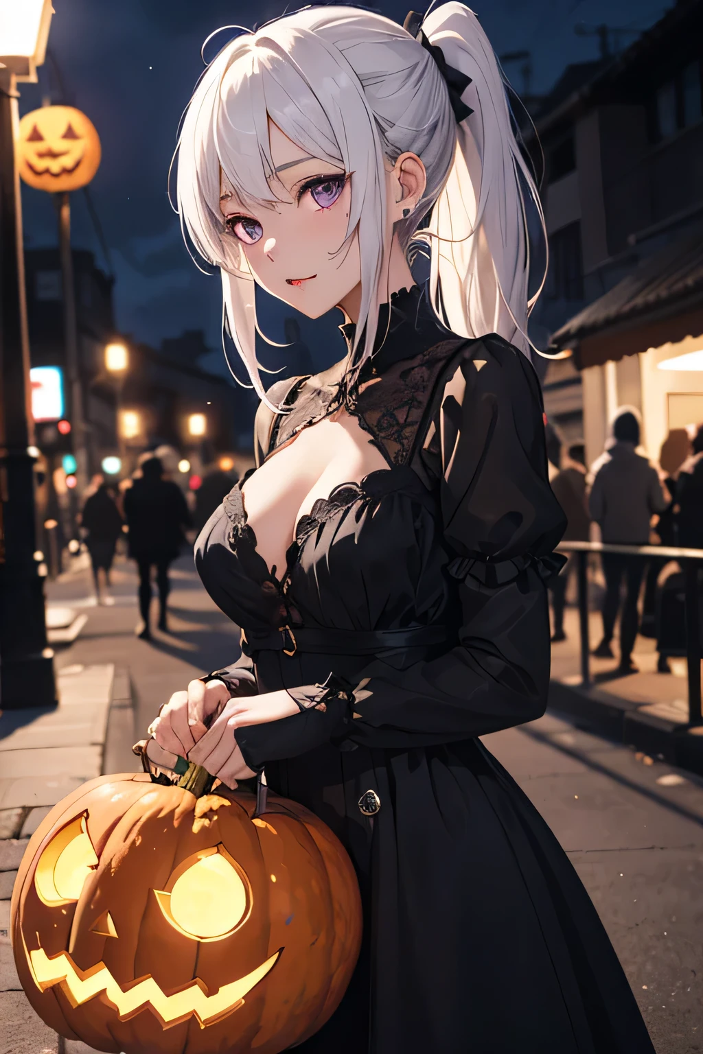 top-quality、Top image quality、in 8K,4K,masterpiece、(NSFW:1.1)、ultra-detailliert、Beautiful、ultra-quality、adult-like、Cool、girl with(((18year old、alice in the wonderland:1.3、Have a jack-o'-lantern、Bust 78、silber hair、a short bob、Red Eyes、erotick:1.4、Happiness、The tattoo)))、hiquality、visualart、Background with((Halloween 1.3))、masutepiece