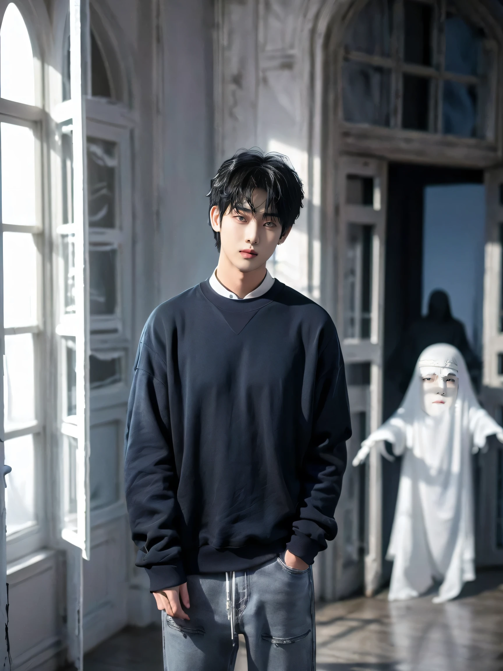 1 Korean young men,anatomically correct，male，20 years old，oversized gray hoodie，black denim trousers,(((blue clothes)))，(((Black clothes)))，(((White clothes))),(((Super stylish)))，Fashionista，(((He is good at dressing up)))，(((Adventure in the Haunted House，There are a lot of ghosts around.)))，(((short hair))),((Shadow Perm)),((Shadow Perm))，(Alone:1.5)，Short sleeve