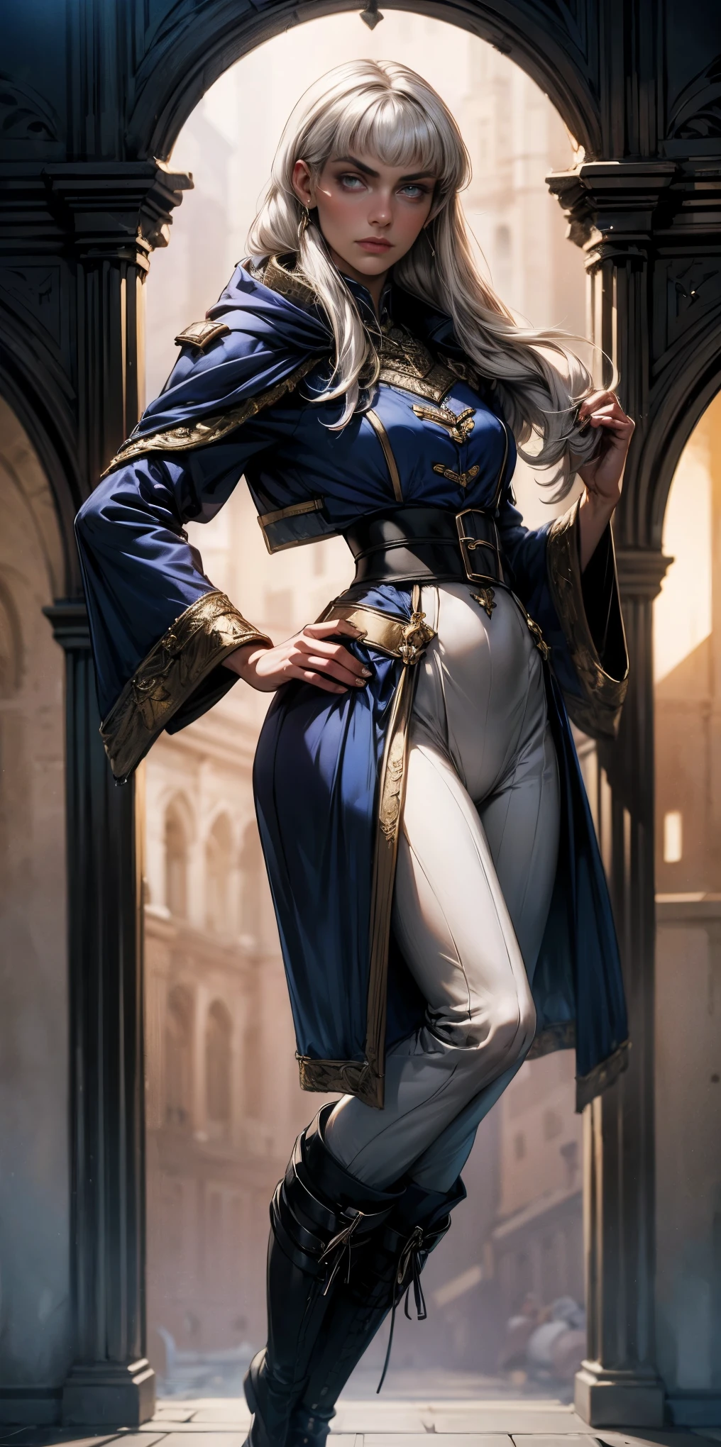 A woman with long platinum blonde hair, choppy bangs, arched crescent eyebrows, sharp and determined eyes, a delicate oval face, a excited expression, a fantasy-style dark blue military coat, draped with a dark pink waist-length cloak, leather combat boots, both hands on her hip, standing straight symmetrical looking to viewer in a spacious WHITE BACKGROUND, this character embodies a finely crafted fantasy-style female military officer in anime style, perfect body proportions, golden ratio, anatomically correct, symmetrical face, extremely detailed eyes and face, high quality eyes, creativity, RAW photo, UHD, 32k, Natural light, cinematic lighting, masterpiece-anatomy-perfect, masterpiece:1.5